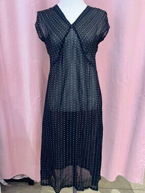 Vintage Navy Sheer Polka Dot Midi Dress Size S V Neck Slip Style 90s Minimalist